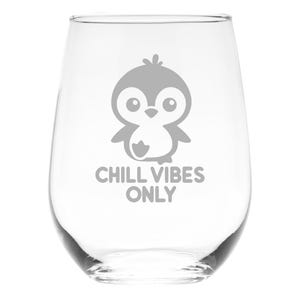 Chill Vibes Only Penguin Design Stemless Wine Glass - 17 oz.