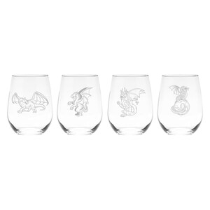 Dragon Stemless Wine Glass Set - Dragon Themed Gift for Women and Men - 4 Pieces