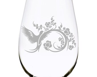 Flowers with bird, stemless wine glass