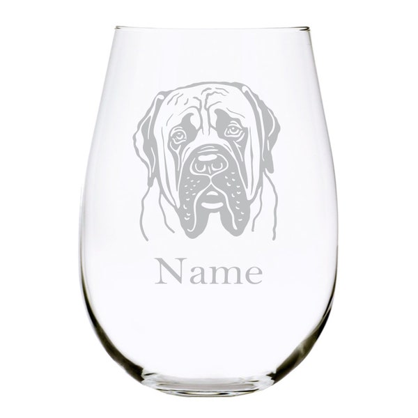 English Mastiff dog with  name 17 oz. stemless wine glass