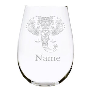 Elephant with  name 17 oz. stemless wine glass