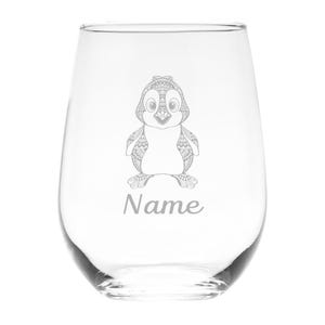 Penguin with Name 17 oz.  Custom Stemless Wine Glass - Personalized Penguin Themed Gift for Women and Men