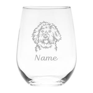 Labradoodle Dog with Name 17 oz.  Custom Stemless Wine Glass