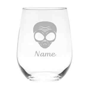 Space Alien With Name, 17 oz Custom Stemless Wine Glass - Personalized Space Alien Themed Gift for Men and Women