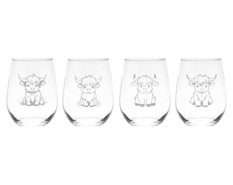Highland Cow Stemless Wine Glass Set - 4 Pieces