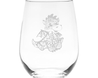 Baby Dragon Themed Stemless Wine Glass -  17 oz.