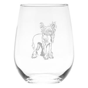 Chinese Crested Themed, Dog Stemless Wine Glass - Dog Lover Gift for Men and Women - 17 oz. (Style C1)