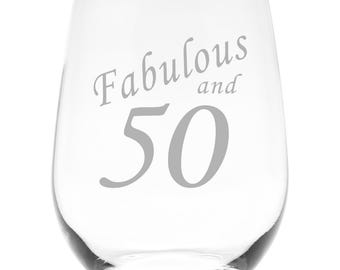 Fabulous and 50 Stemless Wine Glass – 50th Birthday Gift (17 oz)