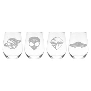 Space Alien Stemless Wine Glass Set – Space Alien Themed Gift for Women and Men - 4 Pieces