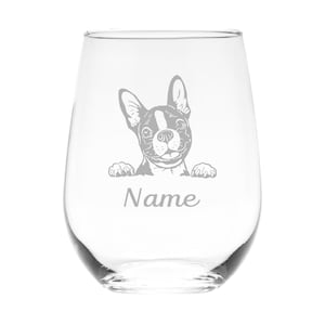 Boston Terrier Dog with Name 17 oz.  Custom Stemless Wine Glass