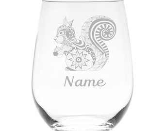 Squirrel with Name 17 oz.  Custom Stemless Wine Glass - Personalized Squirrel Themed Gift for Women and Men