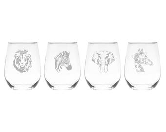 Giraffe, Lion, Elephant, and Zebra Stemless Wine Glass Set – African Animals - 4 Pieces