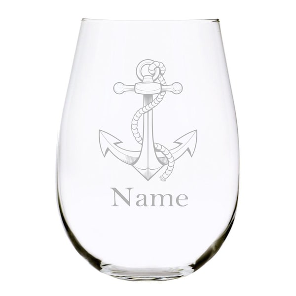 Nautical anchor with  name 17 oz. stemless wine glass