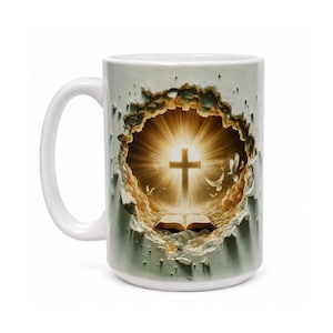 May include: A white ceramic mug featuring a graphic design of a cross glowing with golden light, an open book, and flying white doves, all framed within a textured, cracked wall effect that reveals a bright, ethereal scene in the center.