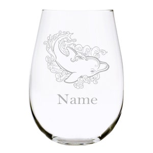 Dolphin with  name 17 oz. stemless wine glass