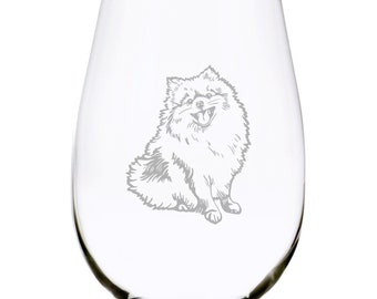 Pomeranian (P1) themed, dog stemless wine glass, 17 oz.