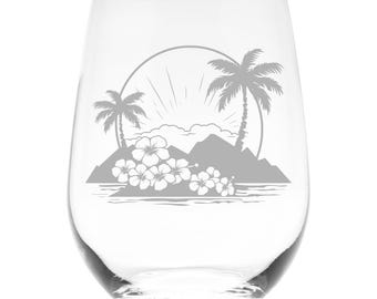 Serene Island Palm Trees Stemless Wine Glass - Tropical Themed - 17 oz.