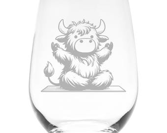 Highland Cow Yoga Stemless Wine Glass  - 17 oz.