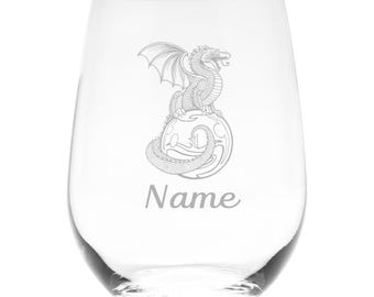 Dragon with Name, 17 oz. Custom Stemless Wine Glass