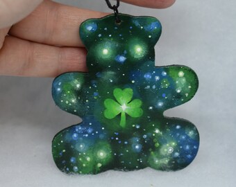 Galactic Green Irish Teddy Bear handpainted flat wooden ornament