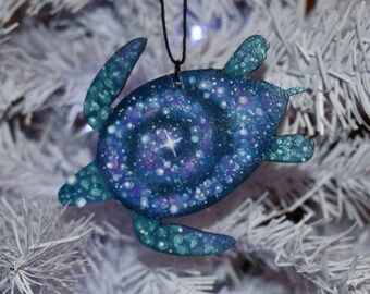 Sea Turtle wooden hand painted Spiral Galaxy Ornament