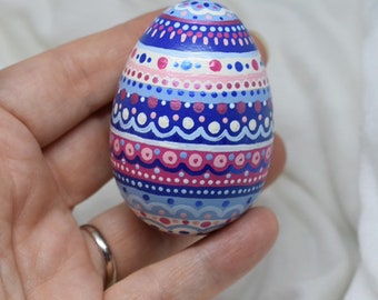 Red pink White and blues striped dotted 2.5' wooden egg hand painted