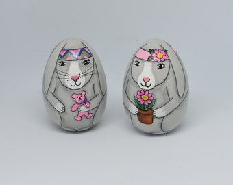 Hand painted gray Bunnies on Wood egg with choice of Bunny holding pink bear or pink flowers in flowerpot