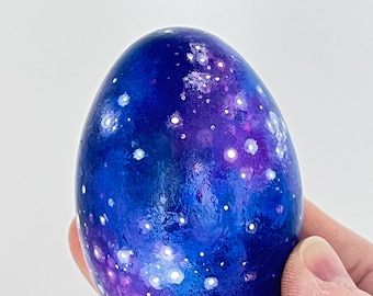 Handpainted Galaxy stars wooden egg in blues and purples