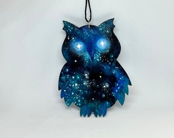 Cosmic Owl handpainted flat wooden ornament