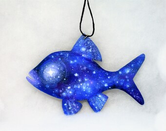 Cosmic blue Fish hand painted flat wood ornament