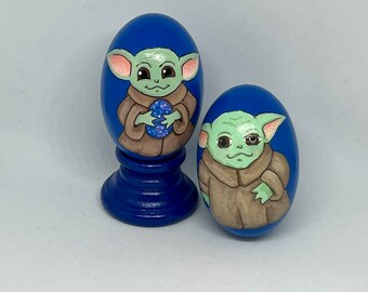 Hand painted wooden Easter egg baby yoda available in two colors