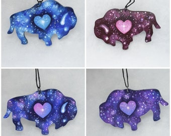 Galactic Buffalo with Heart hand painted flat wooden ornament Four colors to chose from