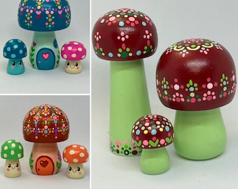 Mushrooms set of three wooden handpainted.