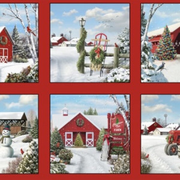 Elizabeth's Studio 'Holiday Farm' Fabric Panel; Tis The Season Collection; 13002 Red