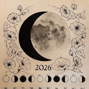 Månkalender 2026, väggkalender, månfasposter, guldtryck, screentryck