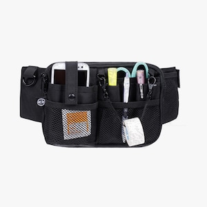 May include: Black fanny pack with multiple pockets and compartments. Features a phone holder, mesh pockets, and various tools like scissors and pens. Ideal for organizing essentials.