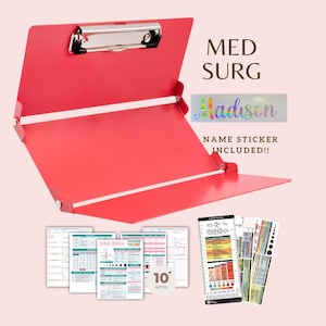 May include: A red clipboard with a silver clip, open to display included notes and stickers. The text "MED SURG" and "Madison" are visible, along with "NAME STICKER INCLUDED!!". Includes 10 notes.