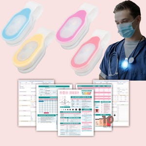 May include: Four colorful clip-on LED lights, perfect for illuminating medical charts or other documents. The lights are blue, yellow, pink, and white. A medical professional is wearing a blue scrub top and a face mask, with a similar light clipped to their stethoscope.