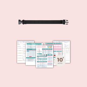 May include: A black adjustable strap with a buckle is positioned above a collection of medical reference sheets. The sheets feature charts, graphs, and text, with the words "10+ NOTES" in a circle.