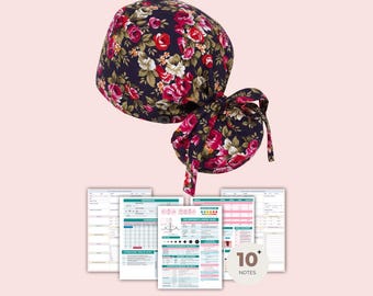 Floral Satin-Lined Ponytail Scrub Cap, Moisture-Wicking, Buttoned Nurse Hat