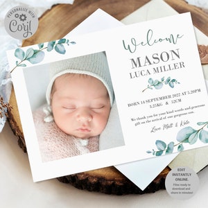 BIRTH ANNOUNCEMENT CARD - Eucalyptus branch - Instant Download - Corjl -  Birth Thank you card - Birth stats - Baby Thank you card