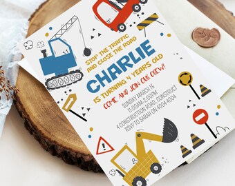 Invitation d'anniversaire de construction Téléchargement instantané modifiable Fête d'anniversaire de chantier Modèle d'invitation de fête d'anniversaire de garçons CORJL