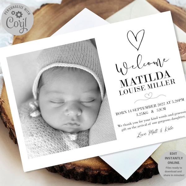 Birth Announcement Card / Baby Thank you card / Instant Download / Birth stats card / Editable Corjl