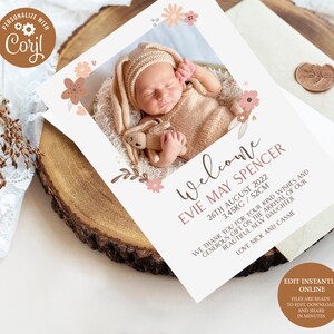 Tarjeta de anuncio de nacimiento / Tarjeta de agradecimiento del bebé / Descarga instantánea / Tarjeta de estadísticas de nacimiento / Corjl editable / Tarjeta floral del bebé