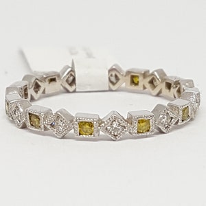 0.48 TCW 14K white Gold Diamond & yellow diamond interchanging square Band Ring Enhancer eternity mini bands art deco