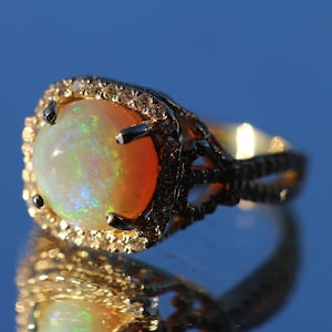 Beautiful 14k solid gold natural white opal and diamond halo ribbon split shank scroll design engagement/statement ring