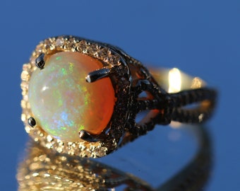 Beautiful 14k solid gold natural white opal and diamond halo ribbon split shank scroll design engagement/statement ring