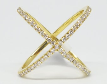 14K ゴールド ダイヤモンド クリスクロス X リング、14K イエロー ゴールド ダイヤモンド リング、クリスクロス リング 0.51 TCW