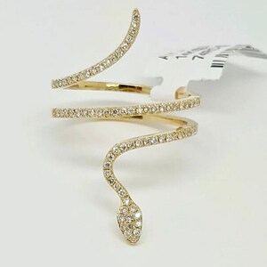 14k Solid Yellow Gold Snake Ring Genuine Round Diamond Modern Design Size 6.5 serpent
