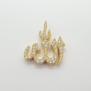 0.77 ct 14k real yellow gold diamond iced out allah arabic muslim pendant